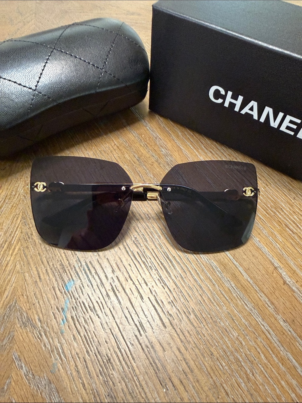 CHANEL Black Rimless Square Sunglasses with Gold Accents - Picture 4 of 9